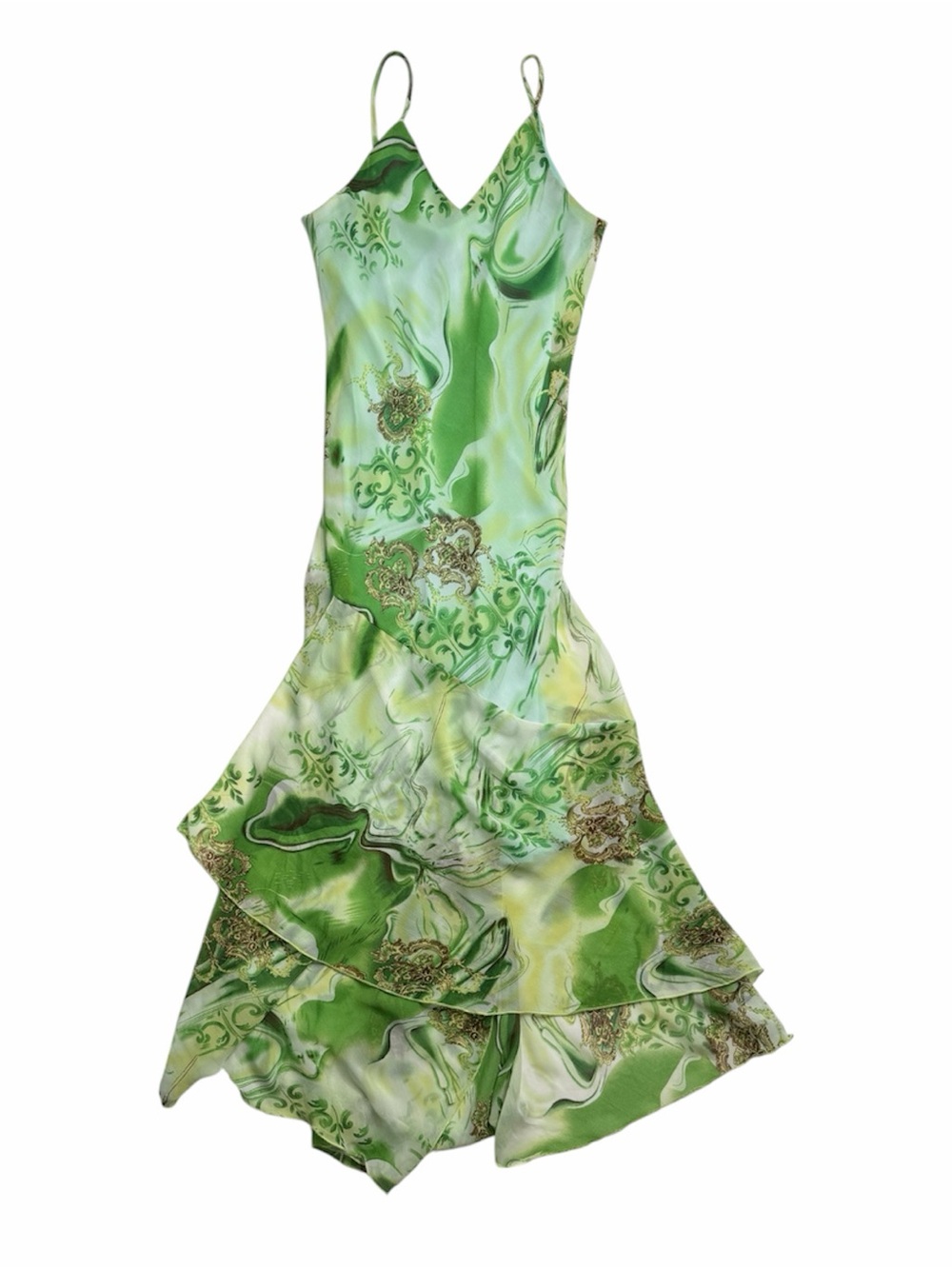René Derhy Y2K Green Marble Baroque Floral Chiffon Midi Dress Ruffle Hem S/M